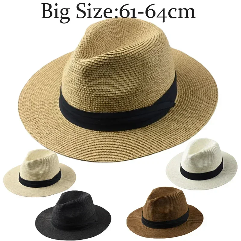 Cappelli Panama di grandi dimensioni XL61-64cm Uomo Donna Spiaggia Cappello di paglia a tesa larga Lady Cappelli da sole estivi Cappello Fedora taglie forti 55-57 cm 58-60 cm