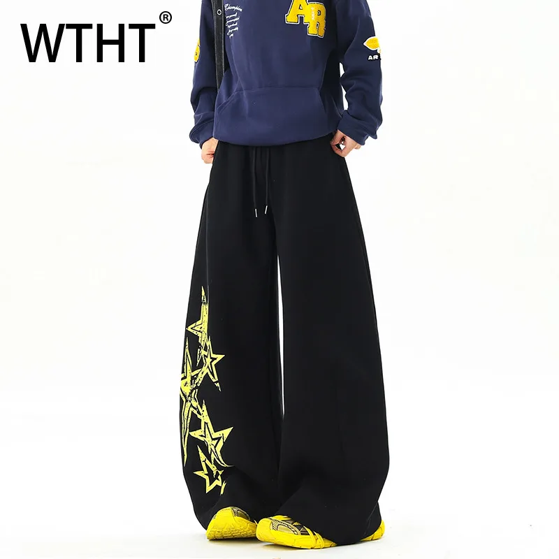 

Мужские повседневные брюки WTHT с принтом и контрастными элементами, винтажные, на резинке, с высокой талией, широкие штанины, весна 2026, 2A2661