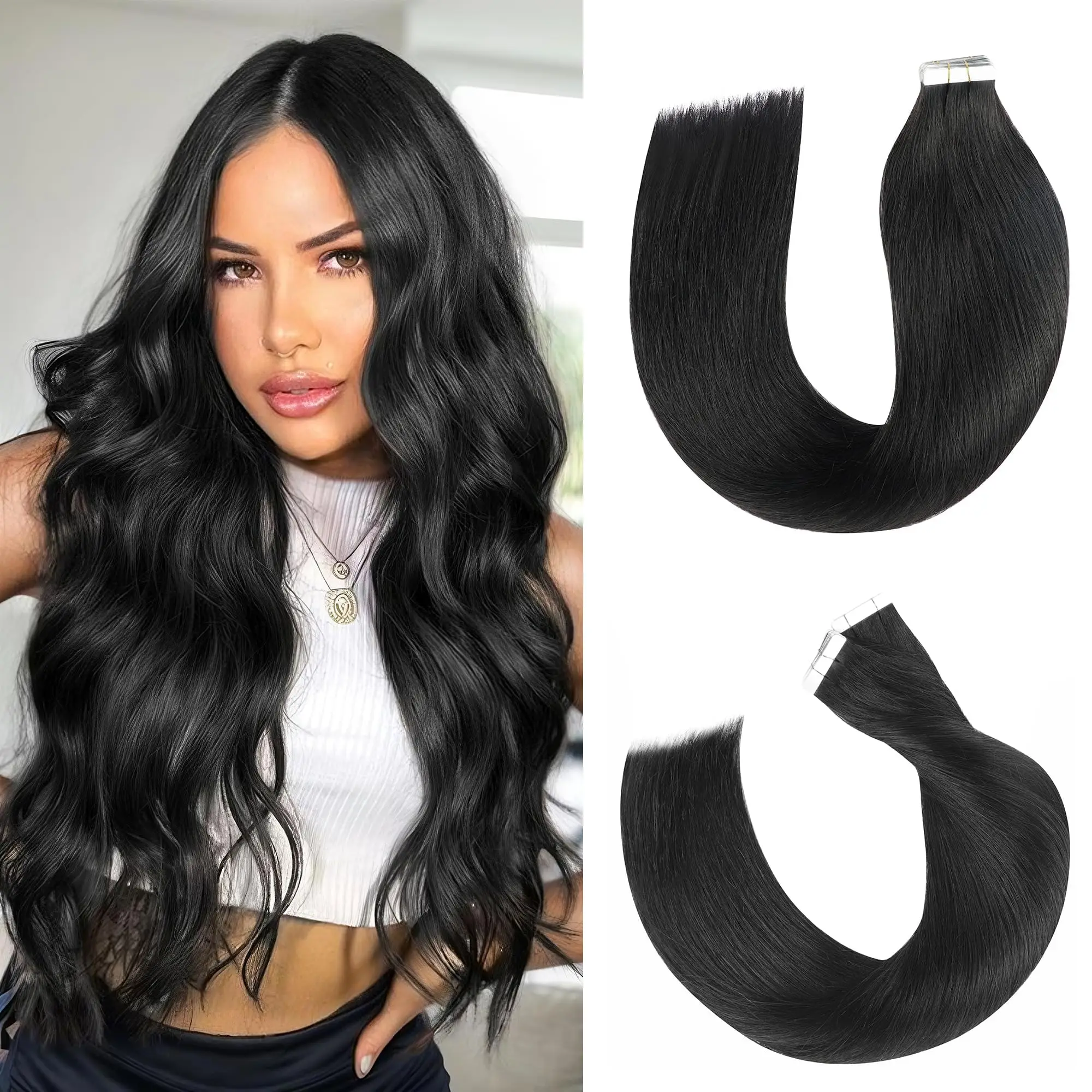 

Tape in Hair Extensions Human Hair Jet Black Tape Hair Extensions Straight Seamless Skin Weft Invisible Tape in Extensions