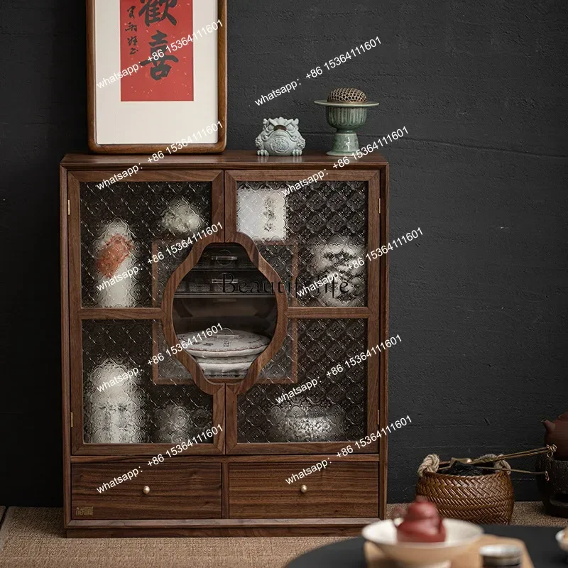 

yj5Walnut Tea Table Side Cabinet Chinese Storage Display Storage Tea Room Solid Wood Cabinet