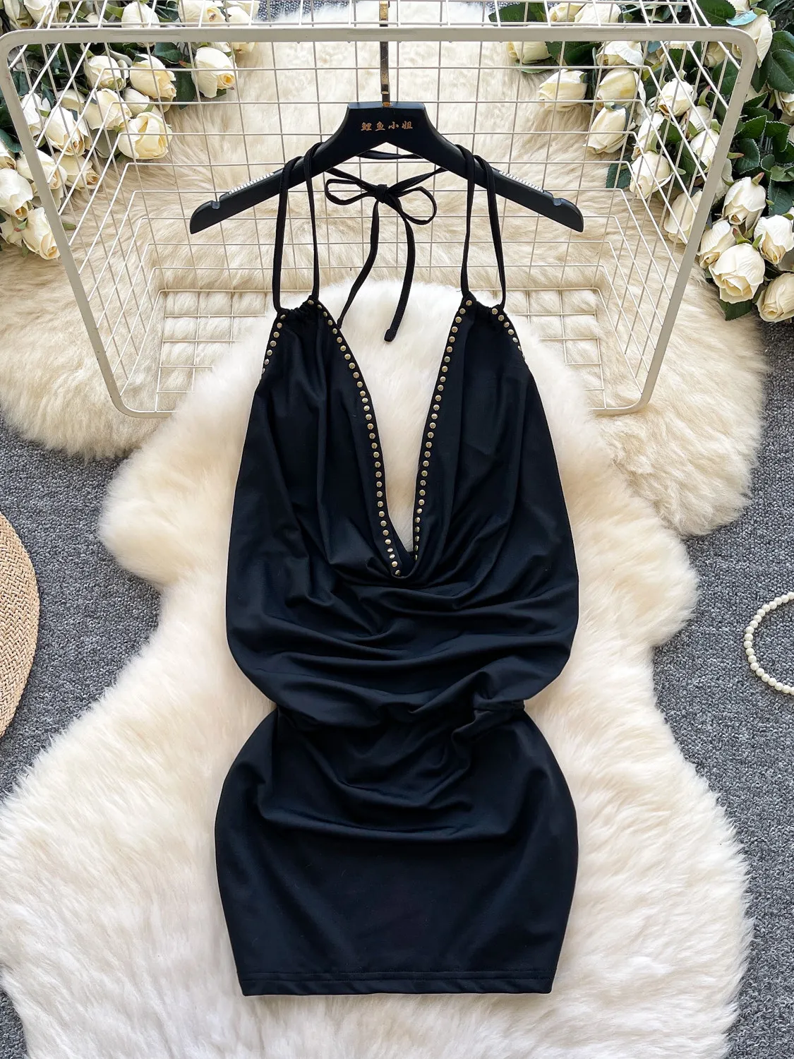 

Foamlina Sexy Black Halter Backless Dress Women Fashion Deep V Draped Front Sleeveless Rivet Decoration Slim Bodycon Night Dress