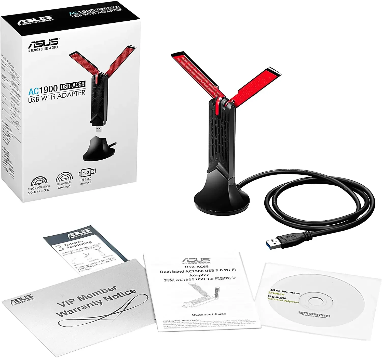 ASUS USB-AC68 Dual-band AC1900 USB 3.0 Wifi Adapter with Included Cradle, Wi-Fi speeds up to 1300 Mbps 5GHz and 600 Mbps 2.4GHz