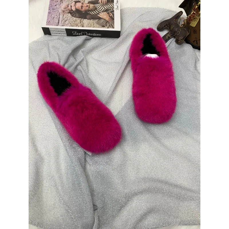 Genuine Mink Fur Slipper Ladies Closed Back Fur Loafers Khaki Winter Warm Soft Fluffy Slippers Cozy Home Shoes Fashion