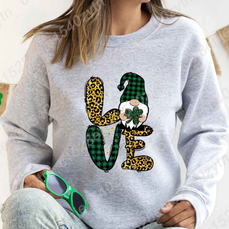 St Patrick's Day Love Gnome Clover Graphic Hoodless Sweatshirt Fashion Women's Casual Long-sleeved Loose Winter Autumn Pullovers