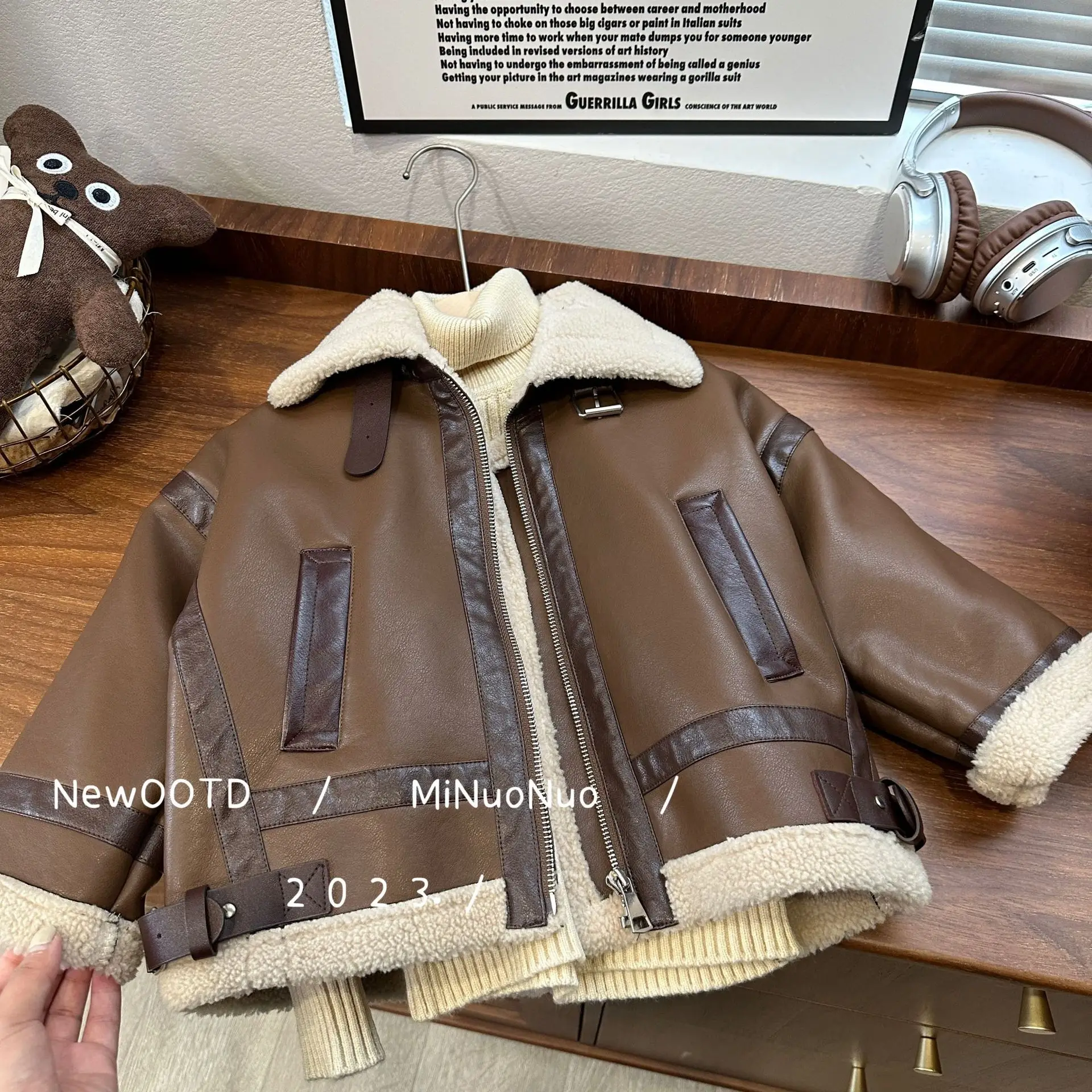 Boys Leather Coat Winter Thicken Warm Fleece Lining Jacket 1-8Years Old Children Retro Leisure PU Outerwear