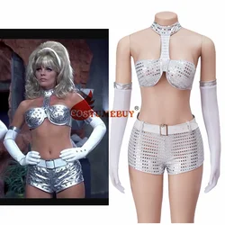 Austin Powers Fembot Cosplay Costume Women Sexy Halter Top Bra Shorts with Gloves Belt Outfits Fembot Silver Suit for Halloween