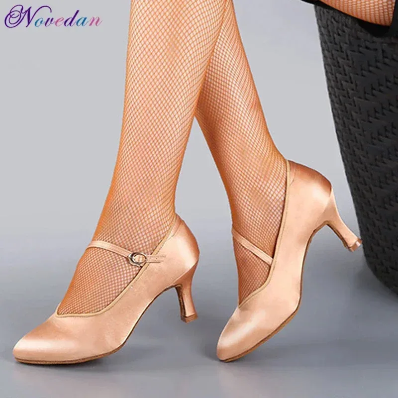 CyWomen zapatos de baile latino de salón señoras satén punta cerrada Salsa Tango vals zapatos de baile tacón delgado 5,5 cm/6,5 cm/7,5 cm