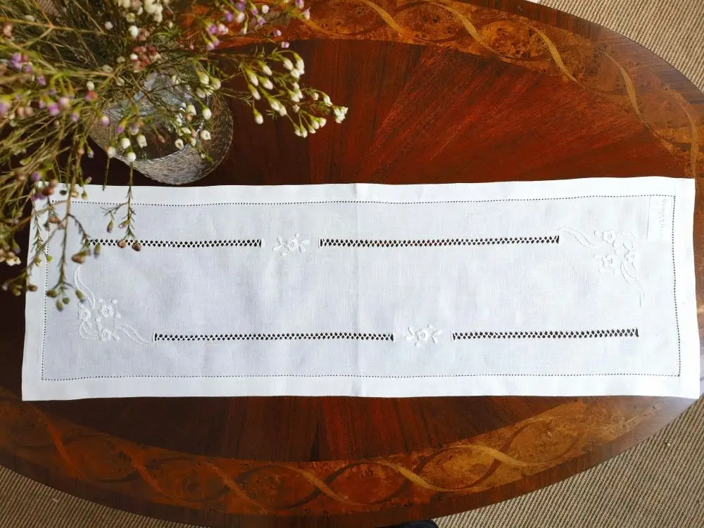 Handmade Embroidery Hemstitched Placemat, Table Runner, 100% Pure Linen, Table Set of 3pcs,Elegant, Vintage, White