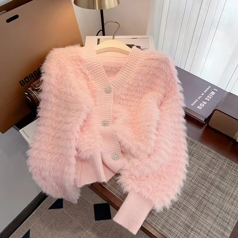 

Fake Mink Cashmere Sweater Coat Women Autumn/winter Pink Knitted Cardigan Jacket V-neck Long Sleeve Thickene Loose Knitwear Tops