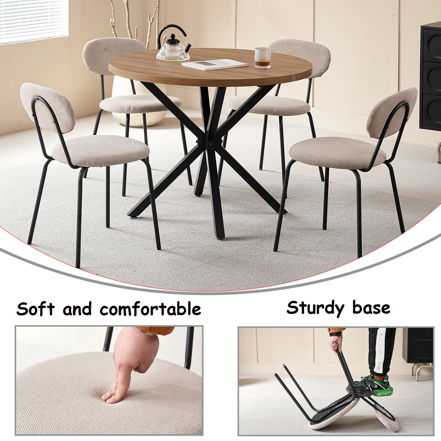 4/6-teiliges Esszimmerstuhl-Set, Hufeisen-Samtstoff, moderner gepolsterter Küchenstuhl mit Metallbeinen für Esszimmer, Küche – Detail 2