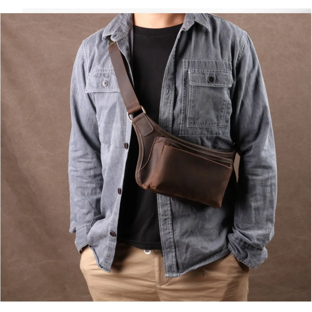 

High-end genuine leather men's single shoulder bag, large capacity chest bag, travel high-end crossbody bag