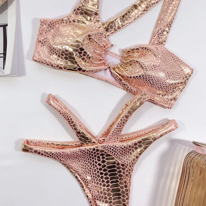 Women's Rave Metalic Bikini Set Shiny Snakeskin Print Bathing Suit Swimsuits Festivals