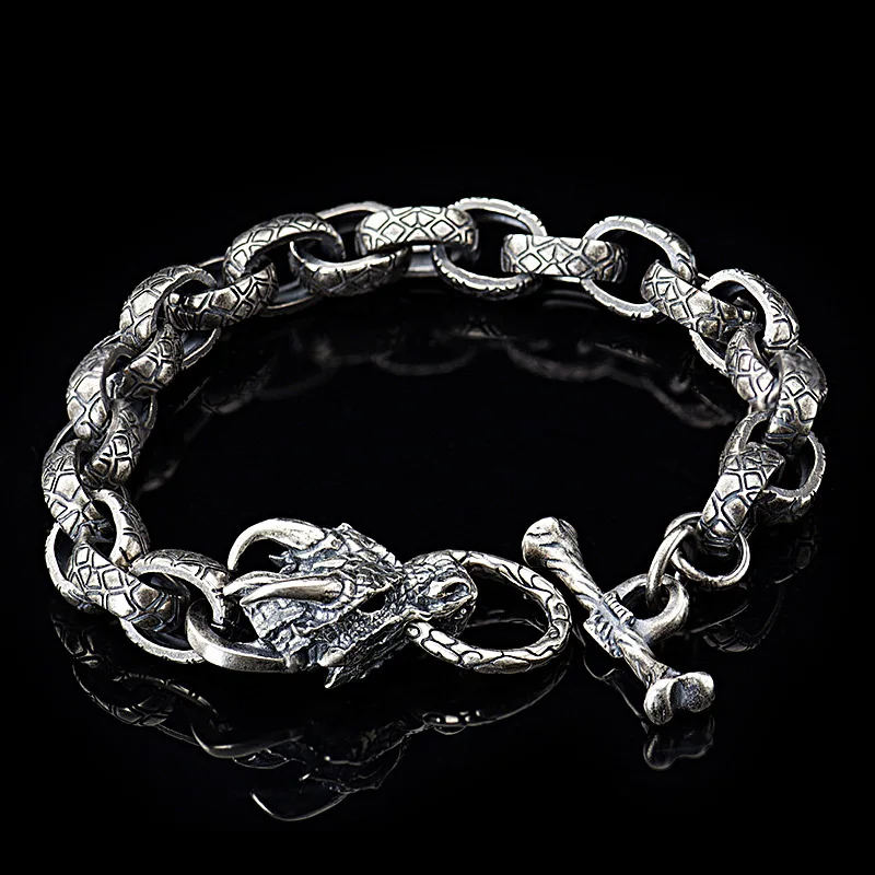 Real 925 Sterling Silver Viking Dragon Bracelet Punk Cool Handcrafted Jewelry with Toggle Safety Clasp