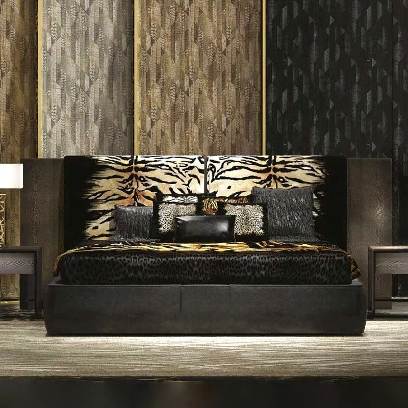 Italian light luxury modern mansion villa master bedroom tiger pattern fabric double 1.8 wedding bed