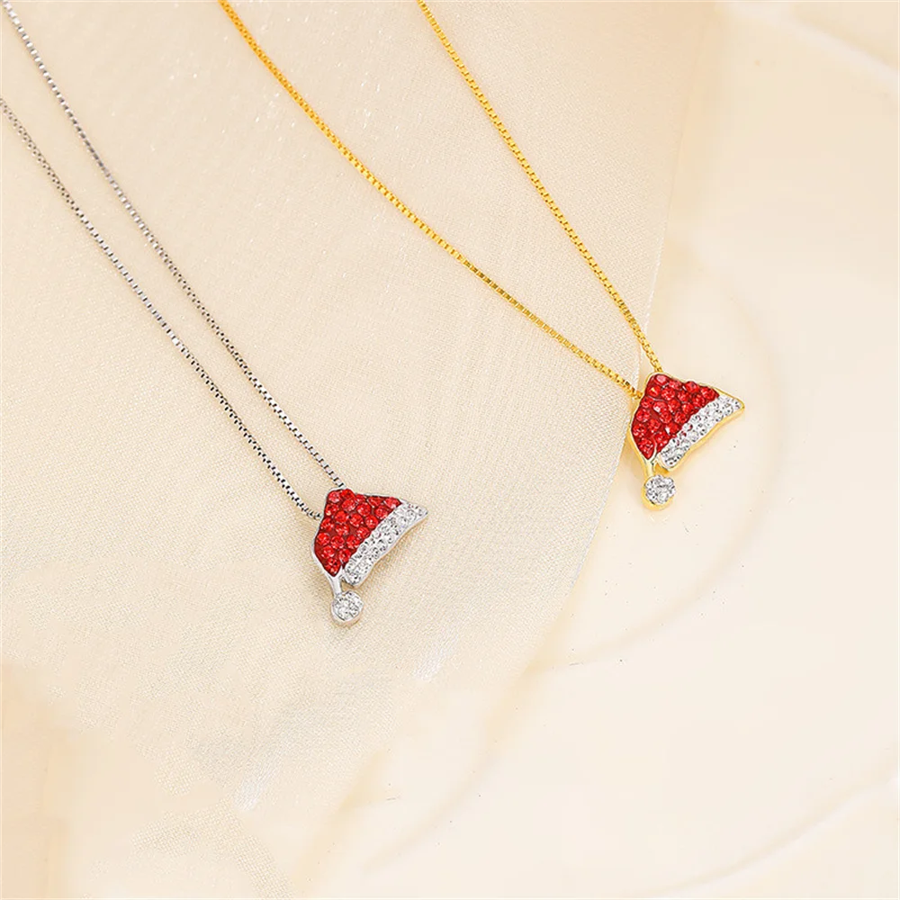 

Korean S925 Silver Women's Necklace, Christmas Hat Shiny Full-Diamond, Red Luxury Versatile Collarbone Chain, Holiday Gift