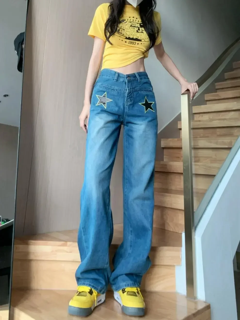 

High Waist Straight Leg Blue Vintage Washed star Jeans Loose Wide Leg High Street Style Zipper Closure Women's Denim Trousers