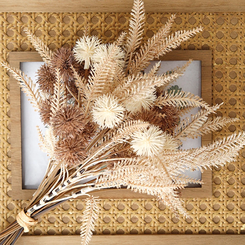 Kiku flor artificial bola espinhosa flores de plástico marrom pompom mães planta falsa diy casa casamento sala retro lavanda decoração