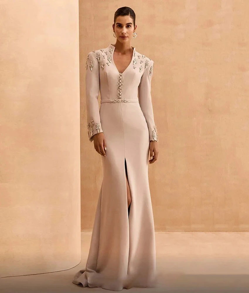 

MCDV Customized Graceful Jersey Mermaid Buttons Crystal Evening Dress Fashion V-Neck Long Sleeves Floor Length Prom Gowns