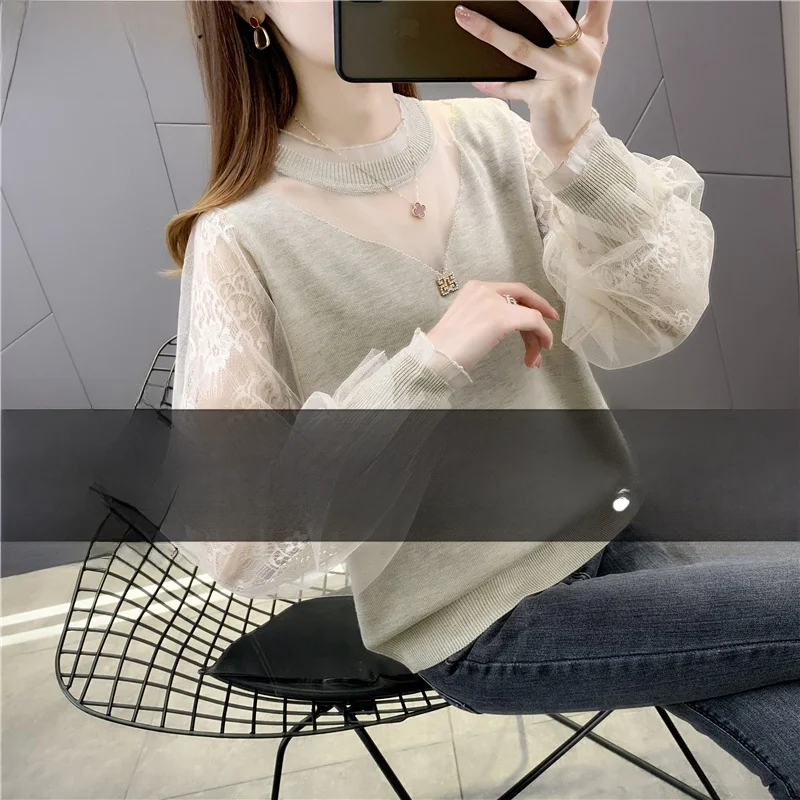 

Весенне-осенний женский вязаный свитер, однотонный кружевной све, сексуальная футболка с базовым слоем, корейская футболка с v-образным вырезом Bubble Sve ort