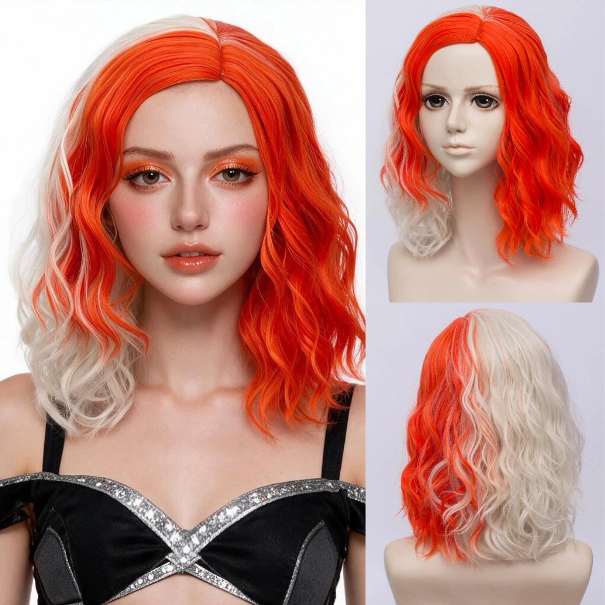 GAKA Women's Short Synthetic Wavy Red And Beige Cosplay Wigs Middle Part Line Halloween Party Heat Resistant Fiber