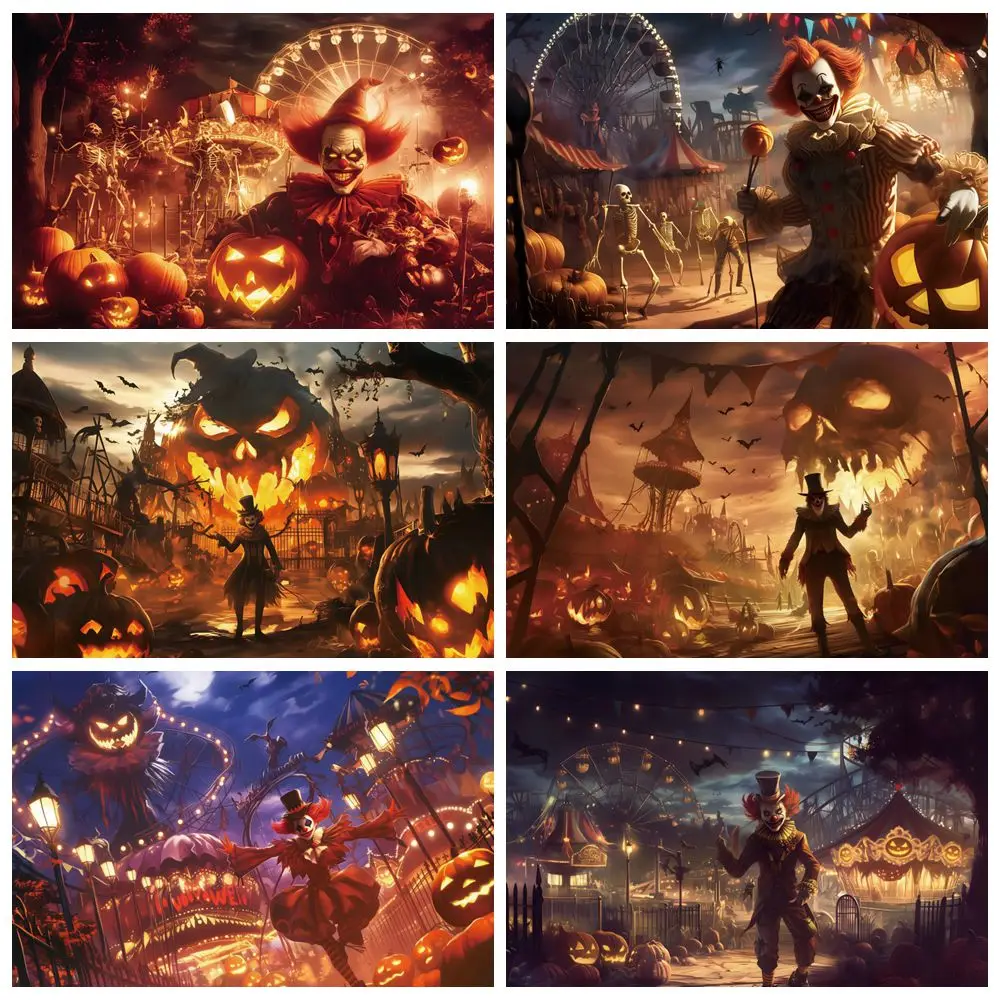 

Хэллоуин цирк ужас клоун фон череп колесо обозрения открытый ночной вечеринка фотография фон Декор баннер фотостудия