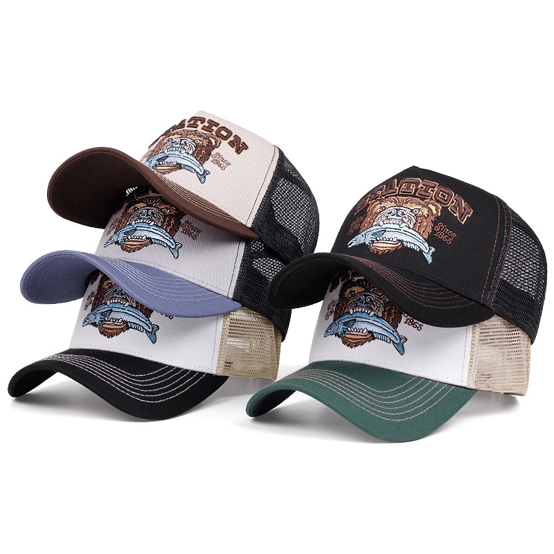 2025 nuevo oso comiendo pescado baile callejero gorro de Hip Hop sombrero de camión sombrero de skate al aire libre sombrilla gorra de béisbol sombrero de malla transpirable