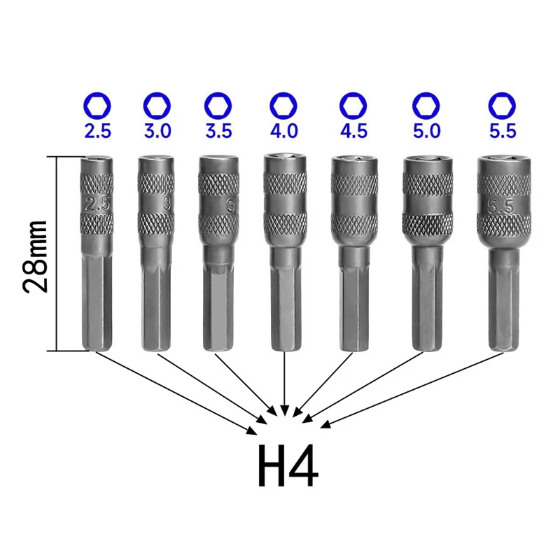 7PCS 2.5mm 3mm 3.5mm 4mm 4.5mm 5mm 5.5mm 6 Points Hex Socket  H4 Hexagon Shank Nut Driver Part for Car Repairing