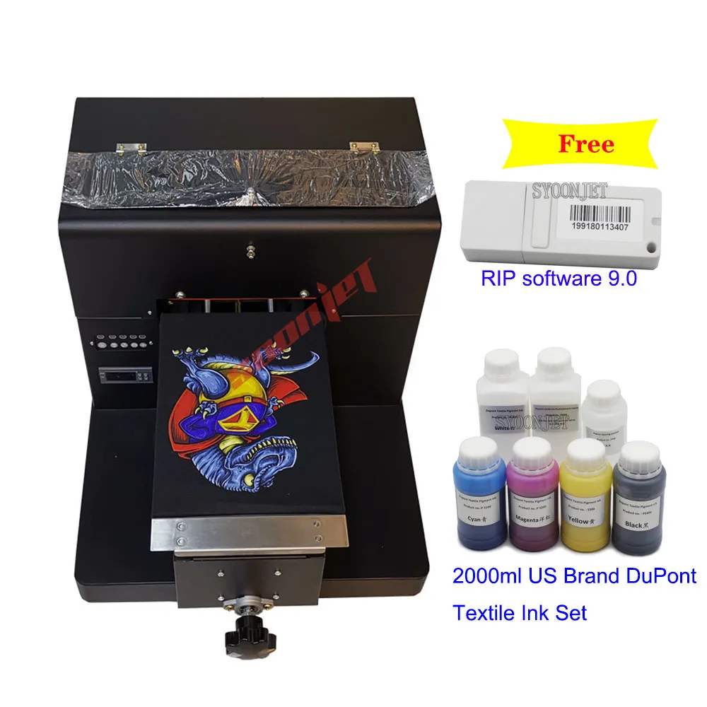 DTG Printer A4 Flatbed Printer For dark and light T-shirt textile with  2000ml best US brand textile ink for DuPont