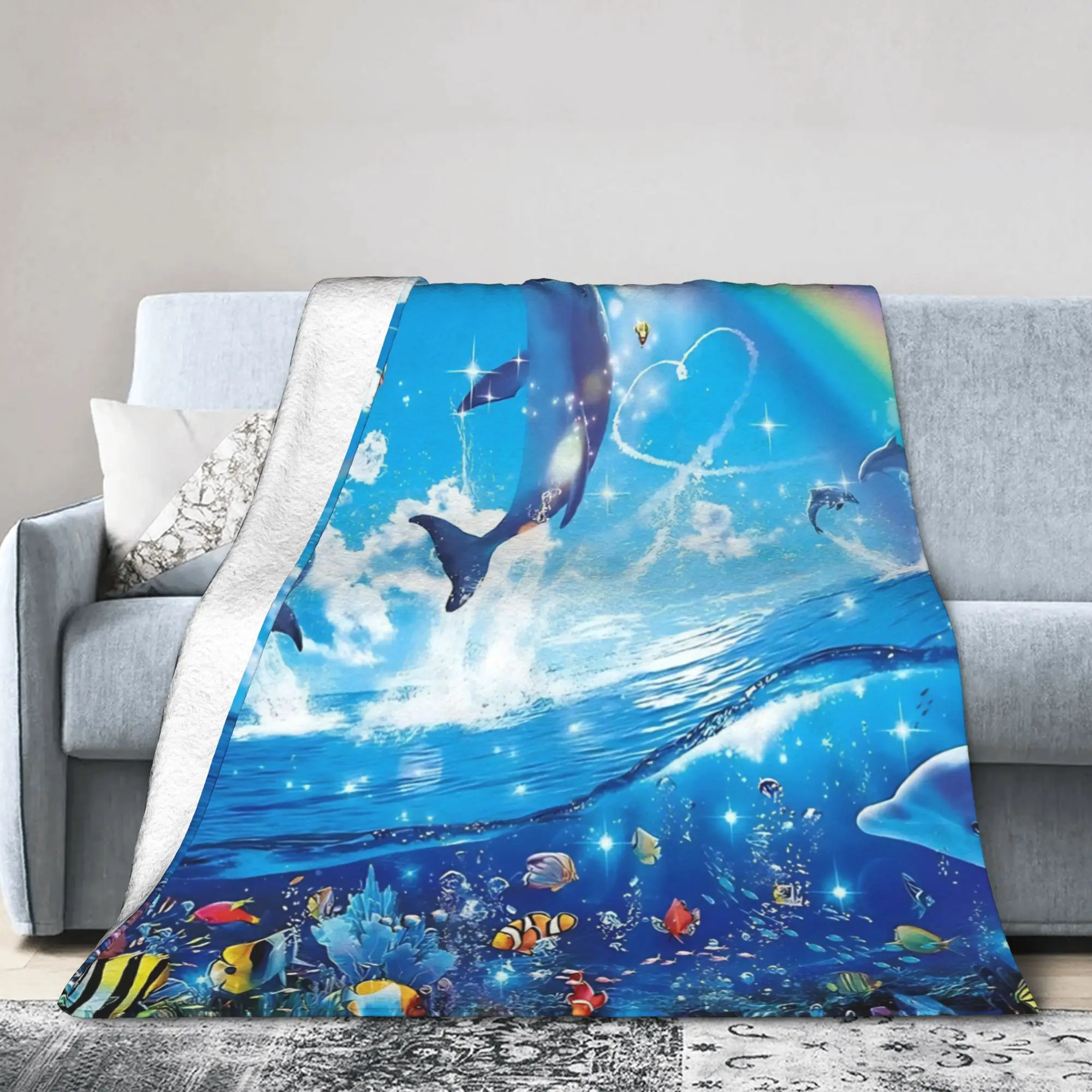 Symphony Dolphins Frutiger Aero Blanket  Flannel Novelty Warm Throw Blanket for Chair Covering Sofa Textile Decor