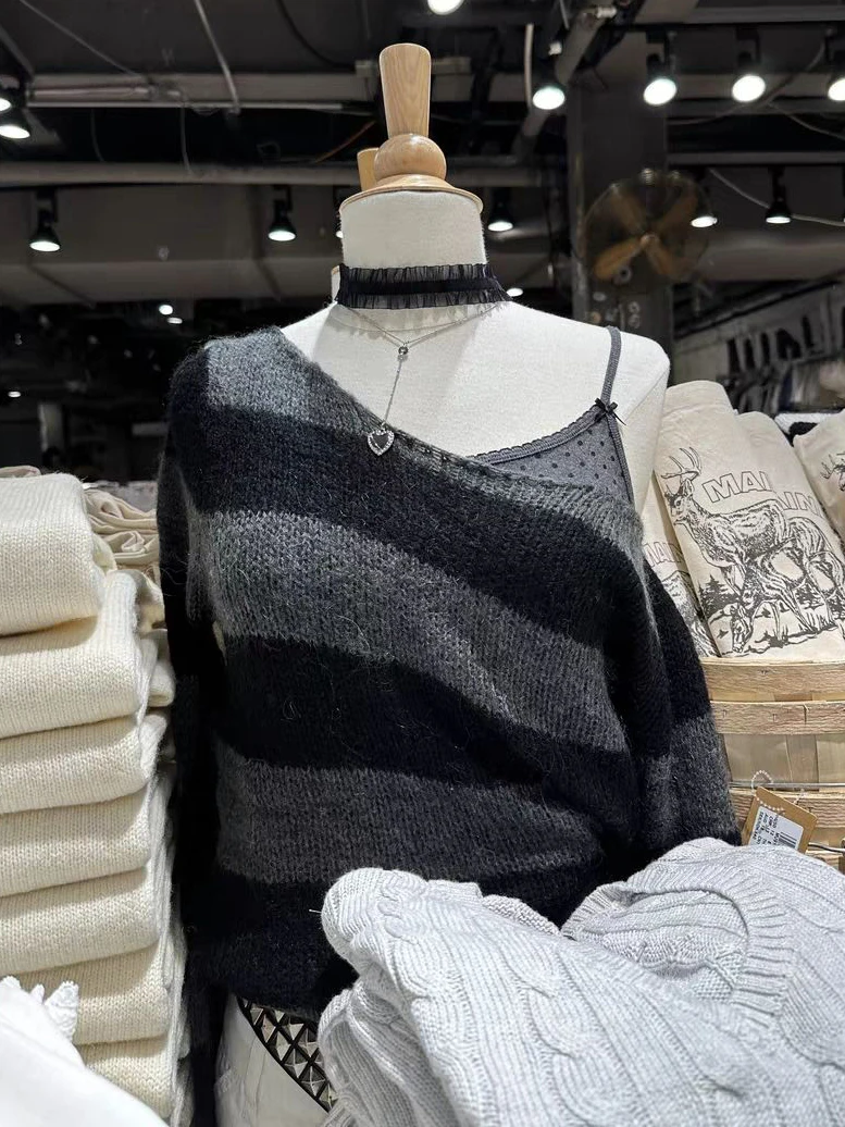 

Knitted Striped Long Sleeve T-shirt Women Autumn Scoop Neck Thin Casual Pullover Tee Shirts Preppy Style Vintage Smock Tops Y2k