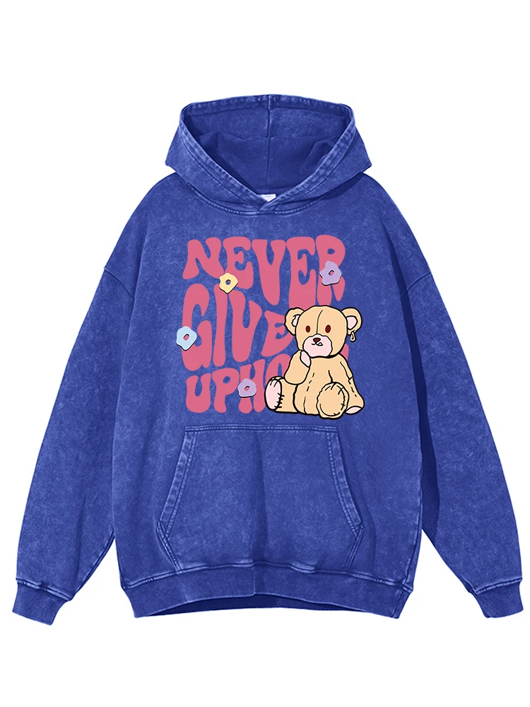 

Never Give Up Cartoon Bear Print Distressed Cotton Women Soft O-Neck Hoodie Warm Comfortable Hooded Autumn Versatile Washed Tops