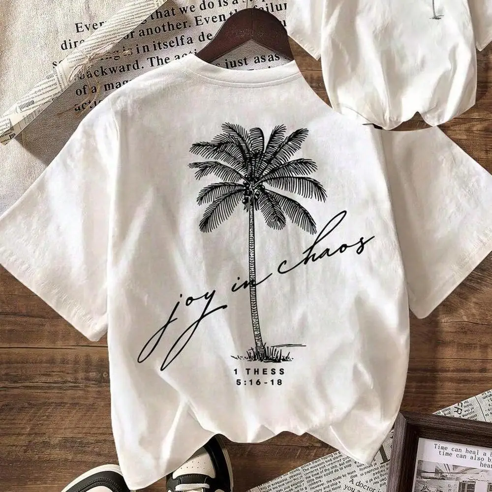 Women Casual Palm Tree Pattern Round Neck Short Sleeve Summer Beach T-Shirt Anti-Wrinkle Cotton T