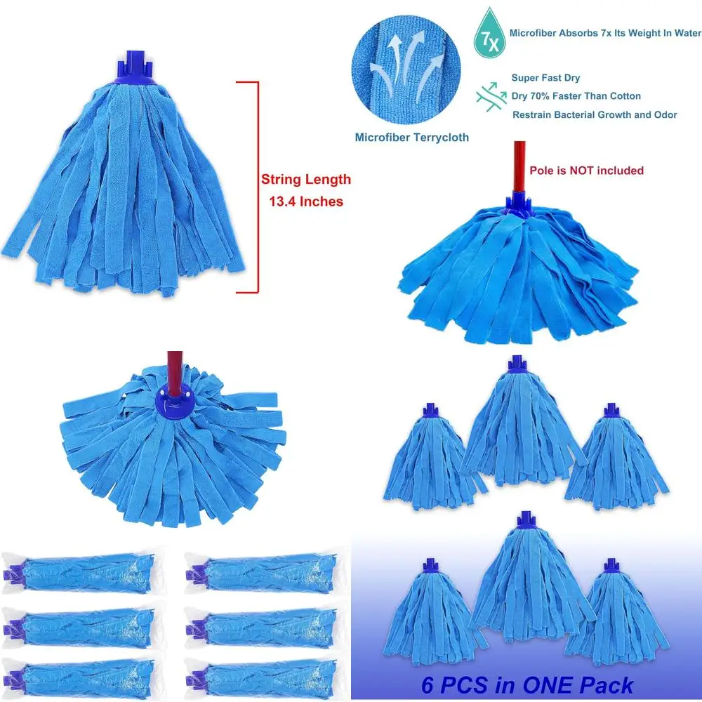 

6-Pack Blue Microfiber Mop Heads, Compatible with Standard US Threaded Poles and 0.8 Diameter Handles