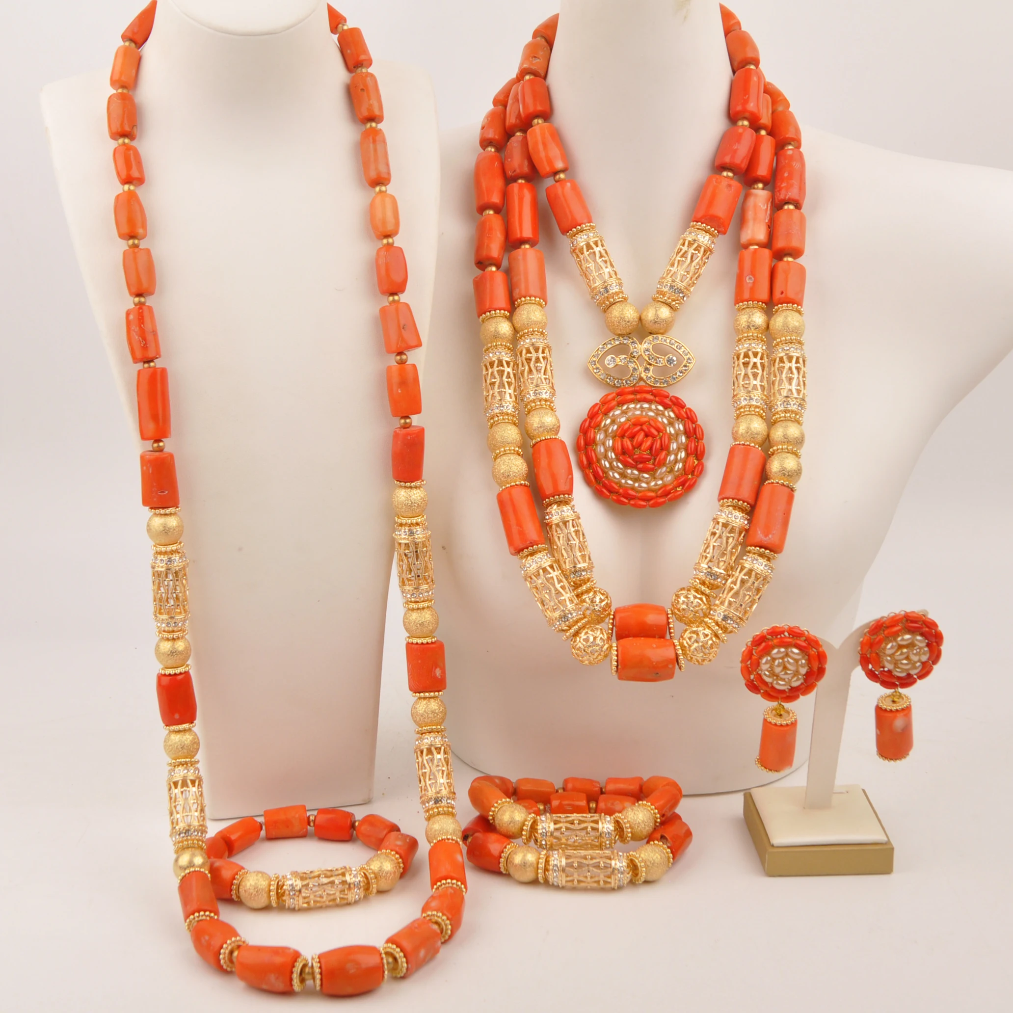 Original Orange Coral Beads Nigerian Jewelry Set African Beads For Traditional Marriage Women Weddings