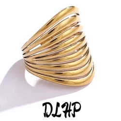 DLHP Stainless Steel Geometric Hollow Multilayer Wide Rings For Women Gold Plated Simple Smooth Open Rings Fashion Jewelry Gifts