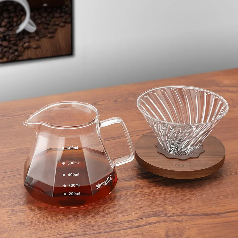 Borosilicate Glass Carafe with Walnut Handle & Glass Lid,Pour Over Coffee Maker,Drip Coffee Maker for Office Restaurant Camping