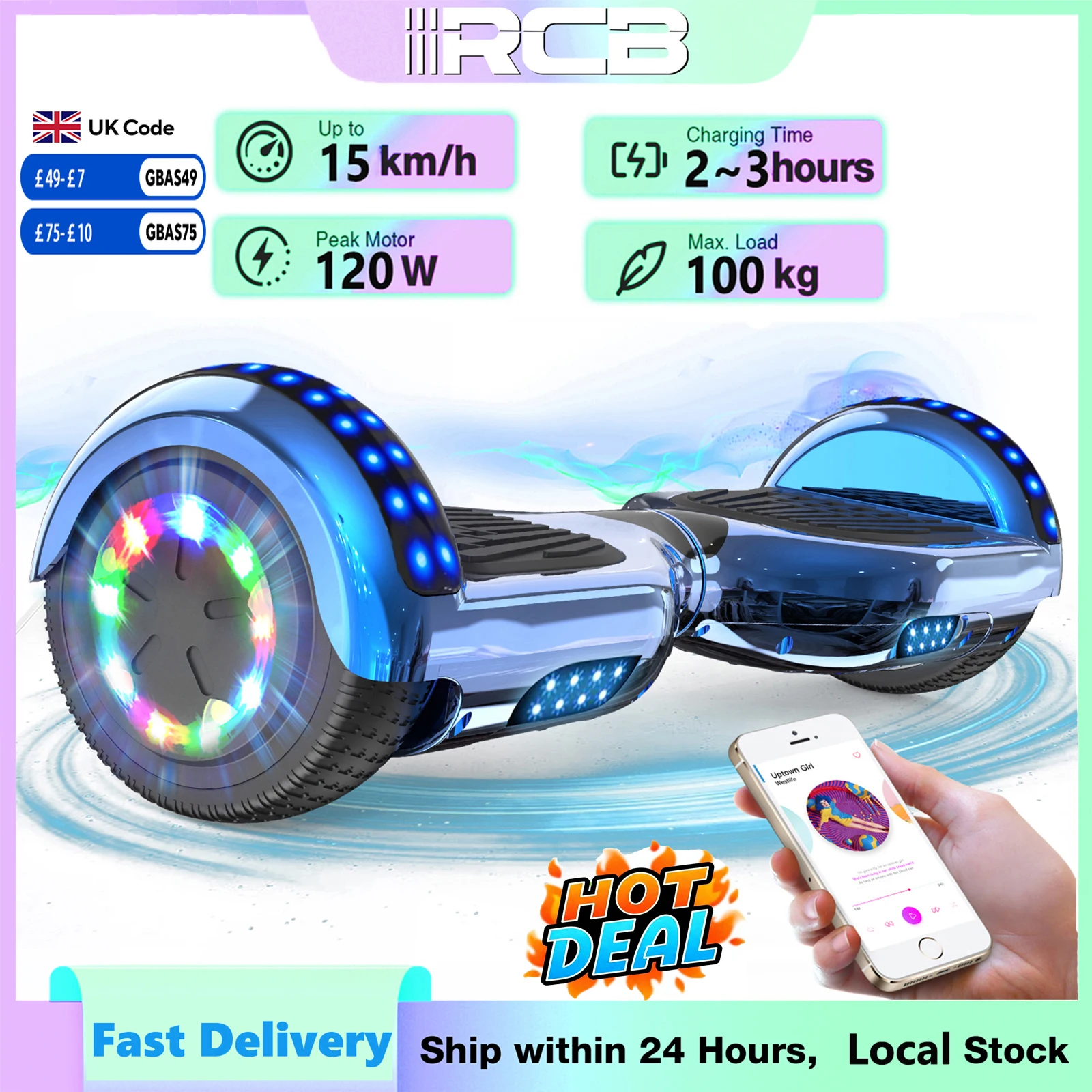 RCB Kids Hoverboard 6.5 Inch Self Balancing Electric Scooter 2 Wheel with Bluetooth Speaker LED Lights Safe Gift for Children