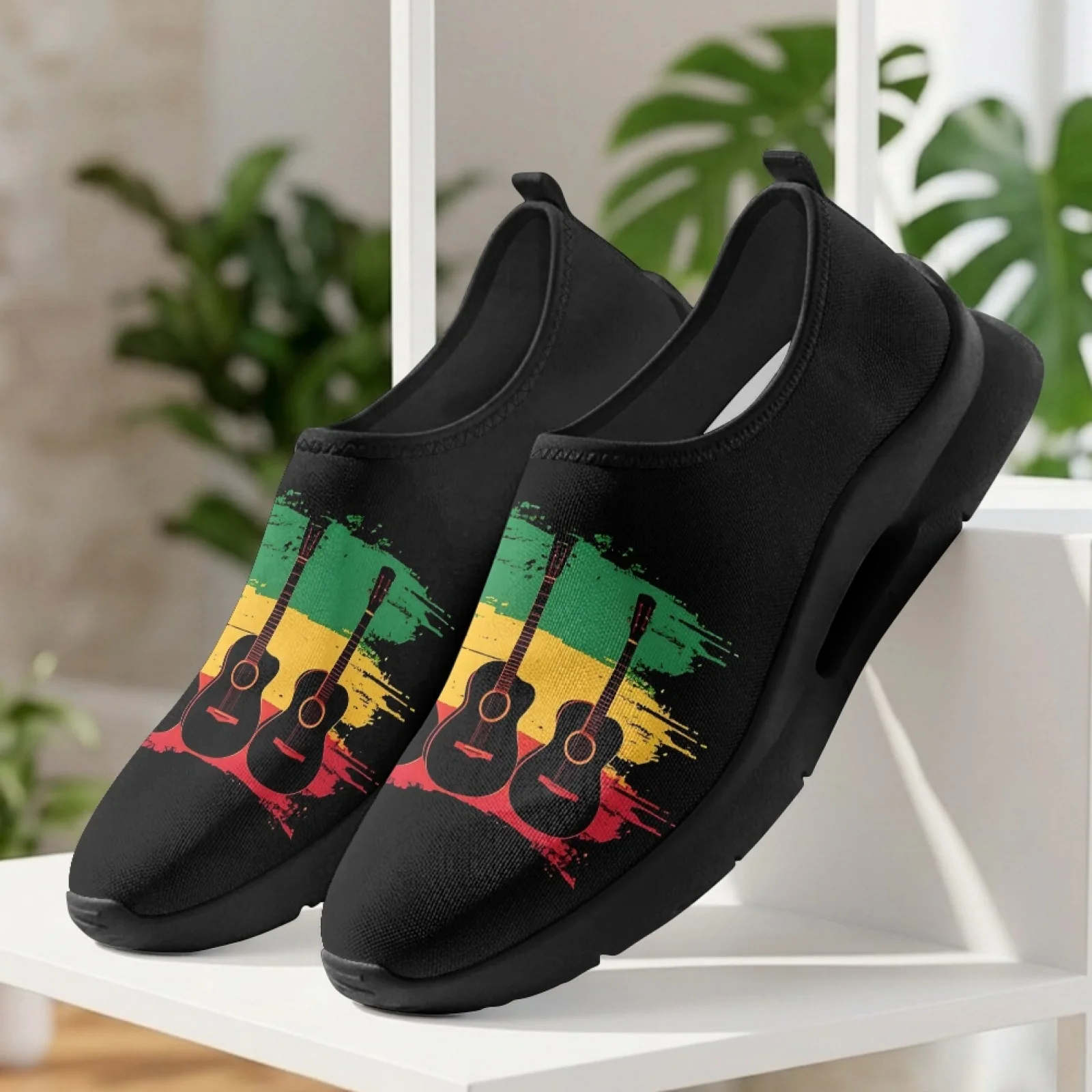 PENSTROLL Guitar Reggae Pattern Low Top Walking Shoes, Lightweight Mesh Casual Shoes for Men Summer Daily Work