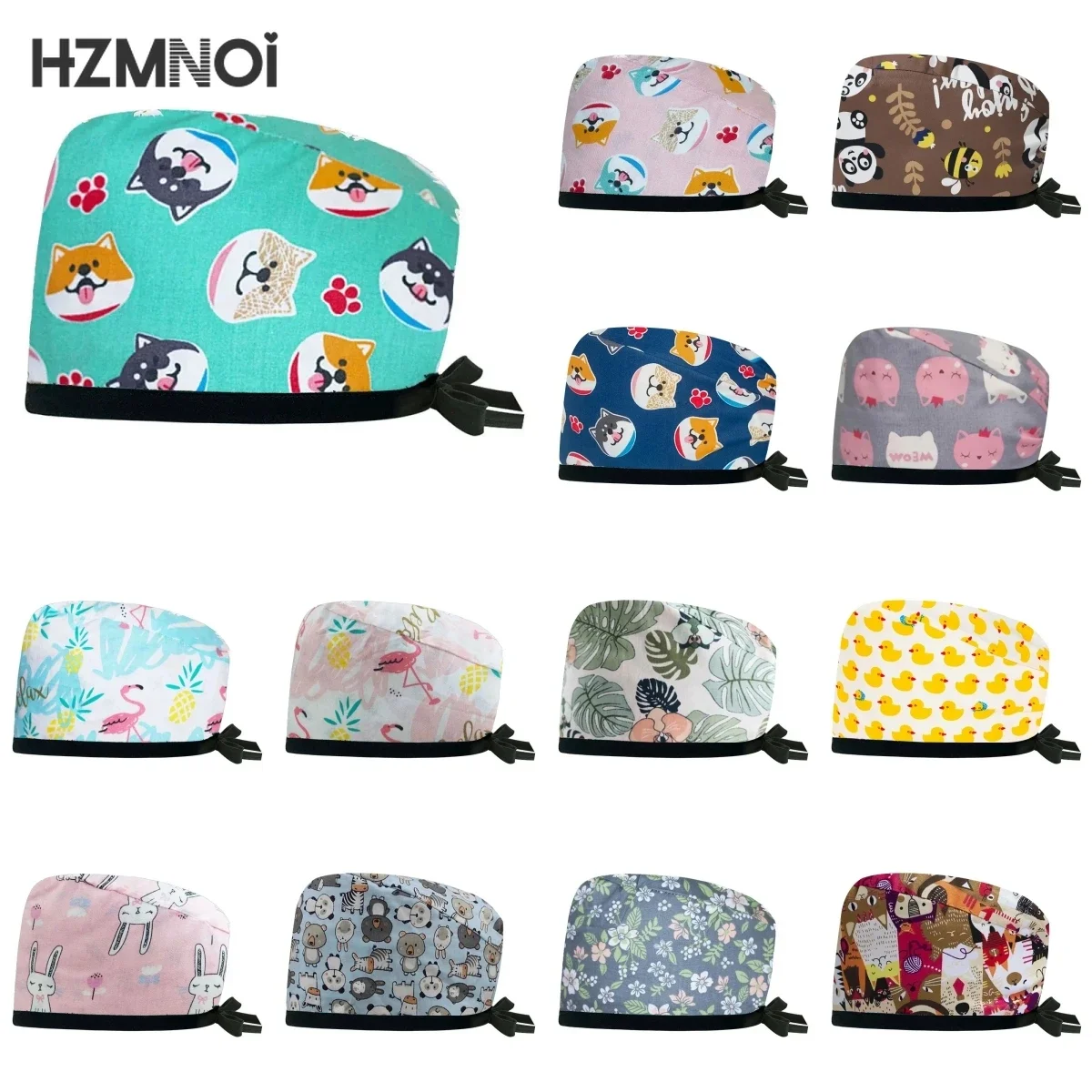 High Quality Men and Women Adjustable Scrub Caps Cartoon Print Sweat-absorbent Scrub Hat Beautician Spa Lab Cute Hat Wholesale