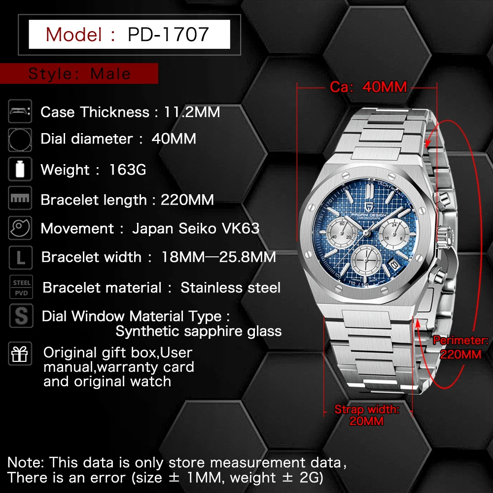 PAGANI Design 2025 New Men Quartz Watch VK63 Sapphire Crystal Luminous Stainless Steel PD1707 200m Waterproof Reloj Hombre