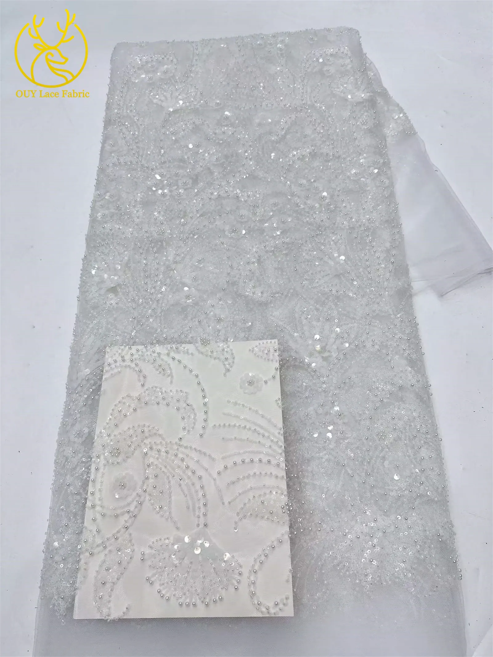 Eleganter 5-Yard-Paillettenstoff mit Kleinen Blumen, Afrikanischer Perlen-Pailletten-Spitzenstoff, Nigerianischer Luxuriöser Pailletten-Netzstoff für Kleider und Näharbeiten – Detail 7