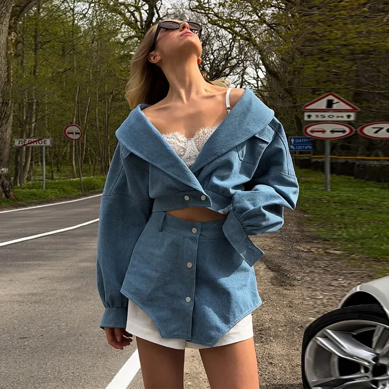 Chic Ruffle Hem High Waist Short Pant Big Lapel Loose Long Sleeve Women Two Piece Set Double Flap Pocket Single Button Waistband