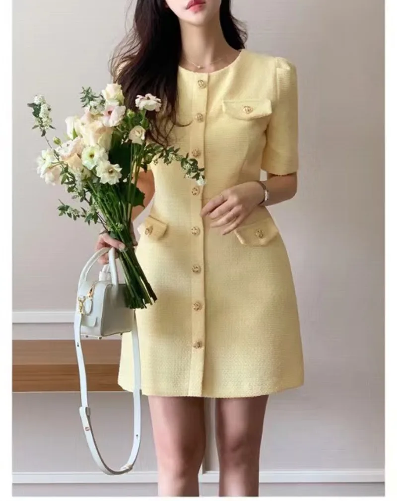 Korean Chic Tweed Vestidos Small Fragrance Women 2024 Dress Short Sleeve Vestido Summer New O-neck Dresses Elegant Robes