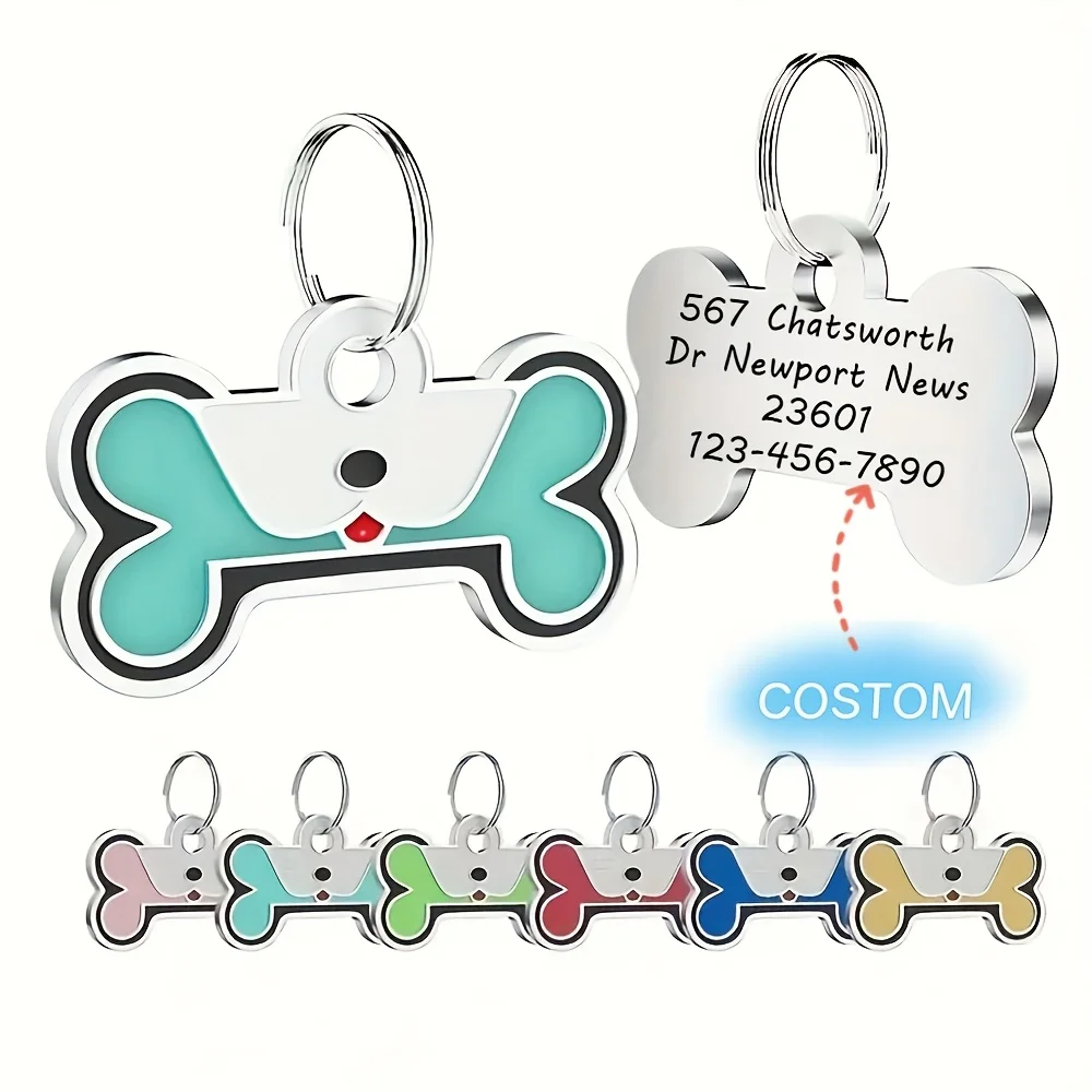 Custom Engraved Pet ID Tags, Personalized with Name, Birthday, Phone, Address - Durable Zinc Alloy Bone-Shaped Collar Pendant -
