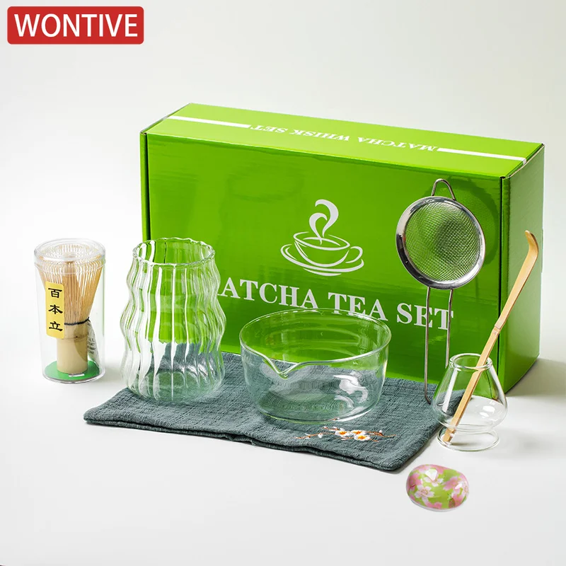 Juego de té Matcha japonés de cristal transparente, batidor de té Matcha de bambú, cepillo Matcha, accesorios para horno, herramientas de té de la dinastía Song, 1/7/8 Uds.