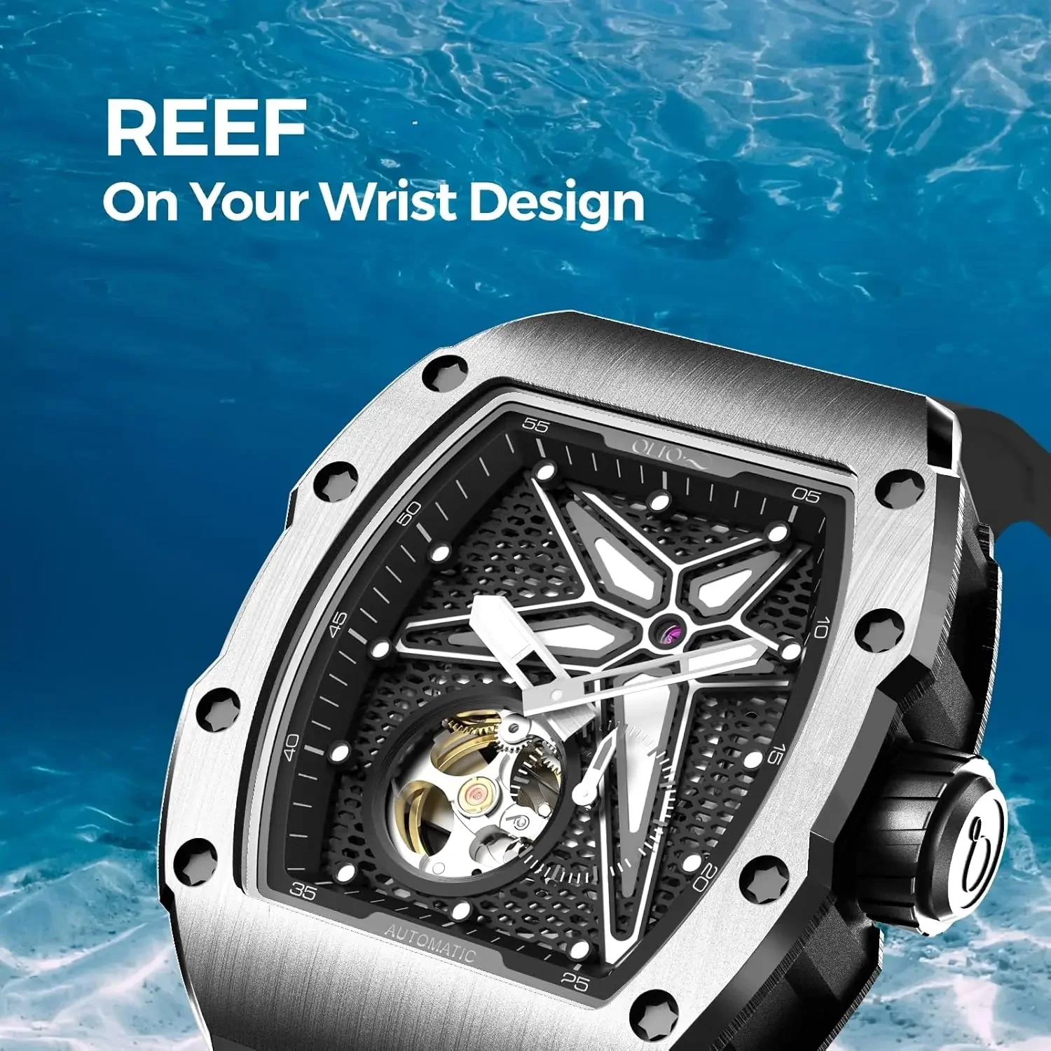 OLTO-8 Luxuriöse automatische mechanische Uhr mit Silikonarmband, Tonneau-Skelettuhren für Herren, Edelstahl, 5 ATM wasserdicht