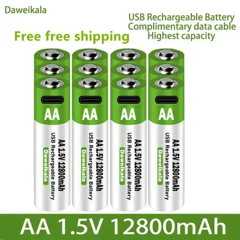 2024 New 1.5V USB AA Rechargeable Battery 12800 mAh Li-ion Battery for Remote Control Mouse Electric Toy Battery + Type-C Cable