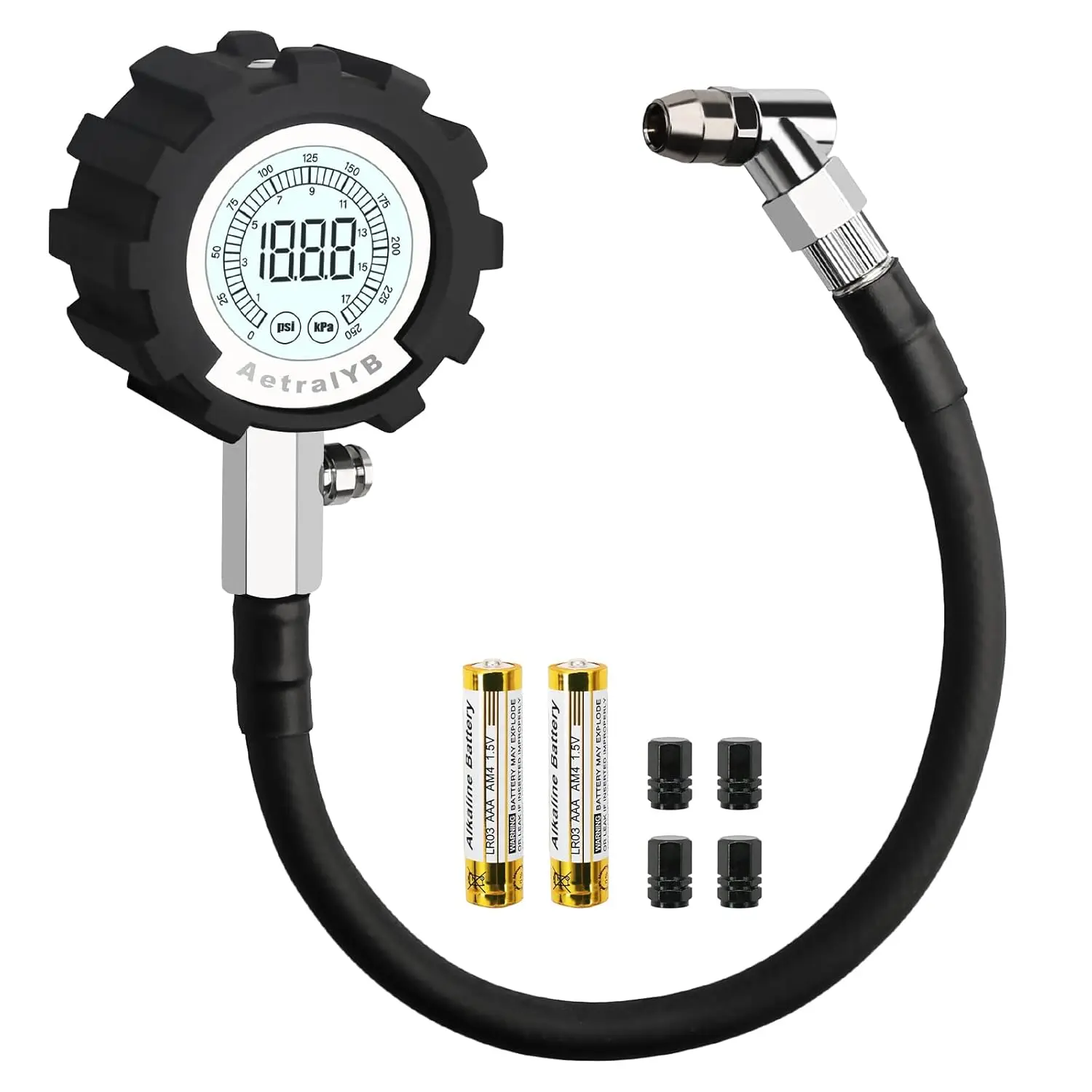 

Цифровой манометр AetraIYB, 3-200 фунтов на квадратный дюйм, разрешение 0,1 фунта на квадратный дюйм, точность 1%, ЖК-дисплей с подсветкой, латунный клапан, резиновый шланг, 2 шт. AA