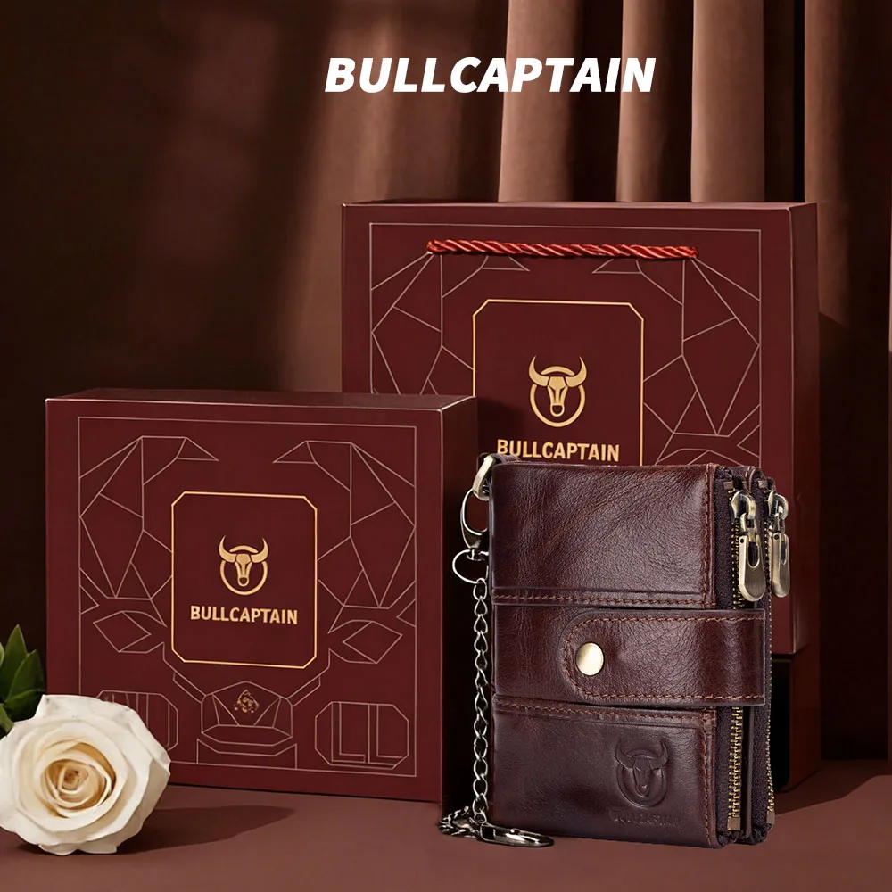 BULLCAPTAIN Genuine leather men's wallet coin purse compact mini card holder rfid blocking wallets chain combination wallet's