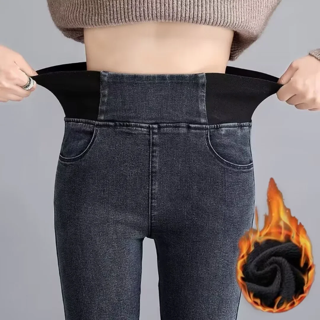 ارتفاع الخصر صوف مبطن المرأة نحيل الجينز مرونة الخصر سليم صالح السراويل الطويلة الخريف الشتاء حجم كبير سراويل تقليدية الموضة
